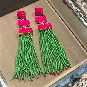 Elegant Green and Pink Beaded Tassel Earrings